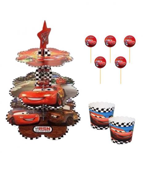 Happyland Cars Figürlü (Arabalar) Karakterli Kek Standı + Kek Kapsülü + Kürdan 3’lü Set Erkek Doğum Günü Partisi Seti Şimşek Mcqueen Temalı Parti Cake Set Cup Cake Standı Seti