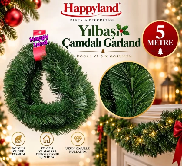 Happyland 5 Metre X 70mm Yeşil Çam Dalı Şerit Garland Yılbaşı Ağacı Gürleştirici Dekor Doğal Görünüm Dekor
