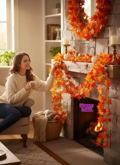 Happyland Turuncu Yapay Sarmaşık 12 Adet Dekoratif Sonbahar Yapraklı Yapay Sarmaşık 230 Cm 1 Paket HPY26178