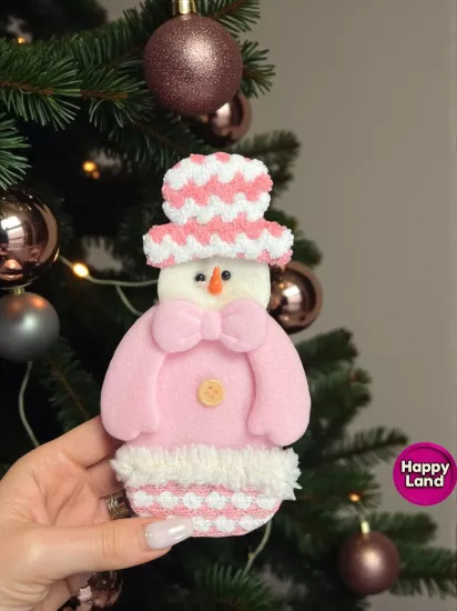   Yılbaşı Ağacı Süsü Kardanadam Peluş Makaron Pembe Renk Asma Süs 20 cm Noel Dekor HPY26044 