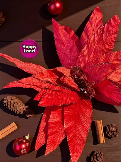 Happyland Yılbaşı Süsü Yapay Simli Papatya Ponsetya Kırmızı 60 cm Büyük Boy Atatürk Çiçeği HPY26082