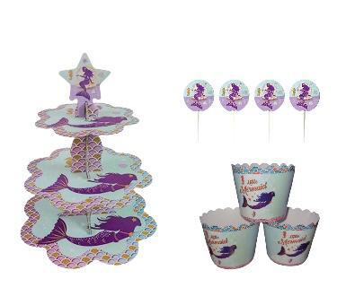 Happyland Deniz Kızı Karakterli Kek Standı + Kek Kapsülü + Kürdan 3’lü Set Kız Doğum Günü Partisi Seti Deniz Kızı Parti Cake Set Cup Cake Standı Seti