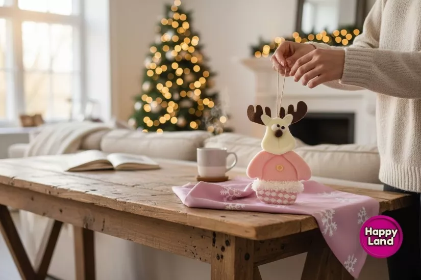 Happyland Yılbaşı Ağacı Süsü Geyik 20 cm Makaron Pembe Peluş Asma Süs HPY26044