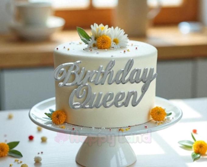 HAPPYLAND  BİRTHDAY QUEEN GÜMÜŞ PASTA ÖNÜ PLEKSİ PASTA YAZISI PASTA ÜZERİ PLEKSİ YAZI 