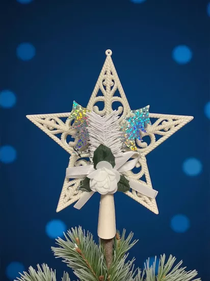 Happyland Yılbaşı Çam Ağacı Süsü Güllü Model Beyaz Tepe Yıldızı Yıldız Tepelik 25 Cm HPY26020