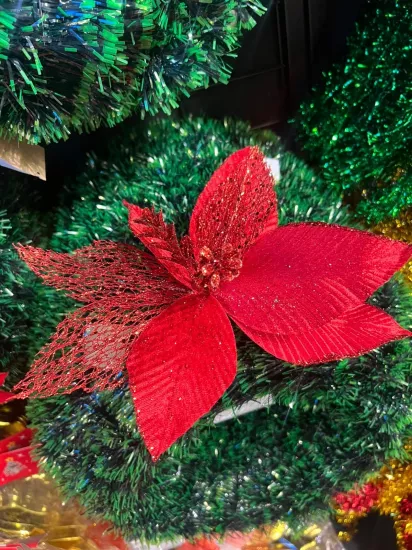 Happyland Yılbaşı Ağacı Süsü Kırmızı Simli Ponsetya Çiçek 28 CM HPY26079