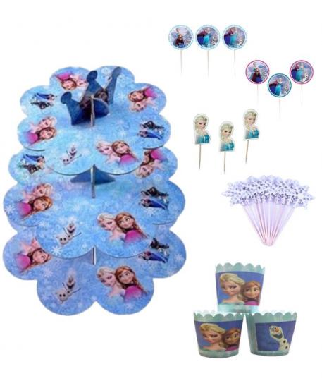 Happyland Frozen Karakterli Kek Standı + Kek Kapsülü + Kürdan 3’lü Set Kız Doğum Günü Partisi Seti Frozen Temalı Parti Cake Set Cup Cake Standı Seti