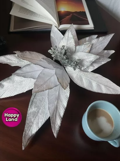 Happyland Yılbaşı Süsü Yapay Simli Papatya Ponsetya Gümüş 60 cm Büyük Boy Atatürk Çiçeği HPY26082