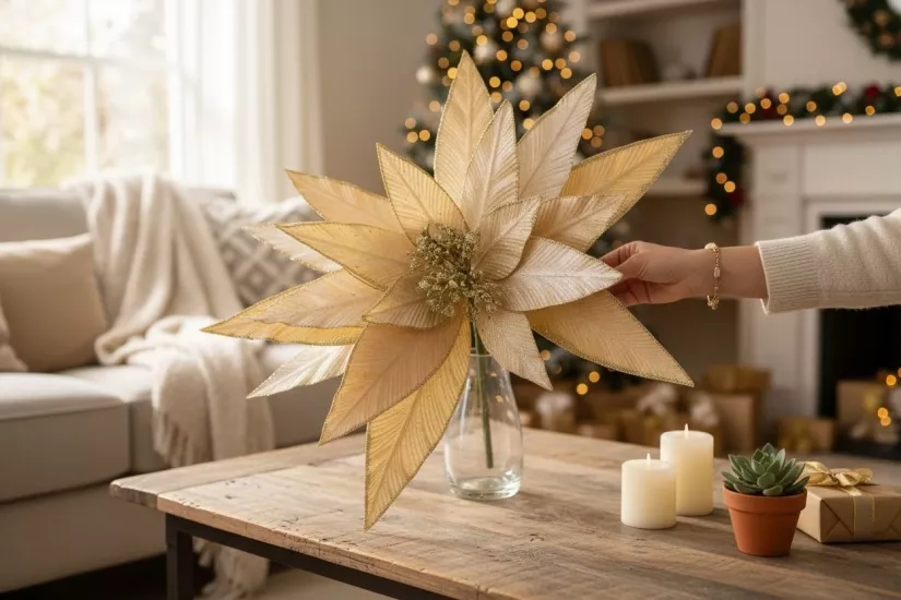 Happyland Yılbaşı Süsü Yapay Simli Papatya Ponsetya Gold 60 cm Büyük Boy Atatürk Çiçeği HPY26082