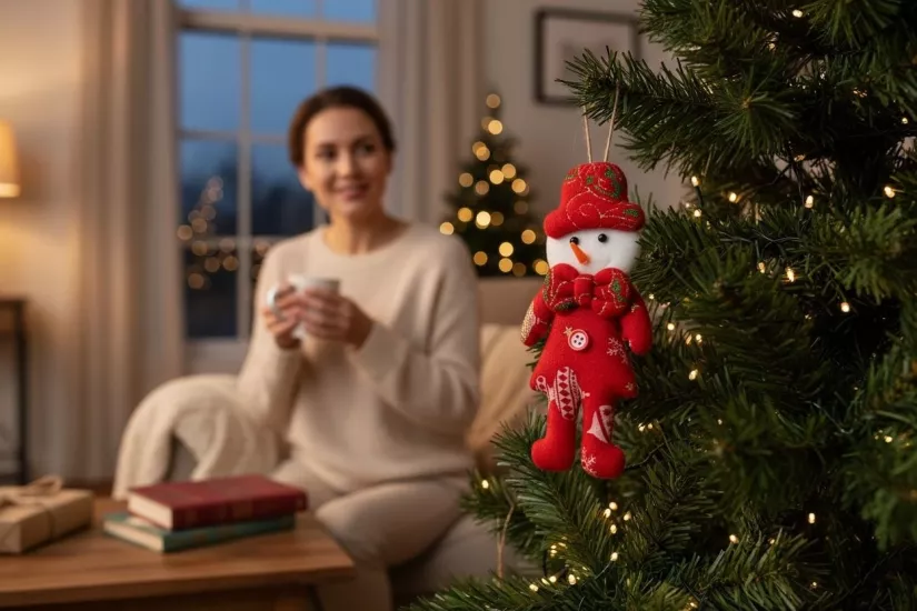 Happyland Yılbaşı Çam Ağacı Süsü Kardanadam Peluş Kırmızı Papyonlu Model Asma Süs 17 cm Noel Dekor