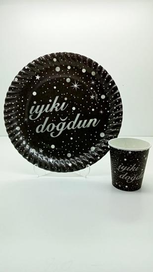 Happyland Siyah Üzerine Gümüş Desenli Tabak Ve Bardak