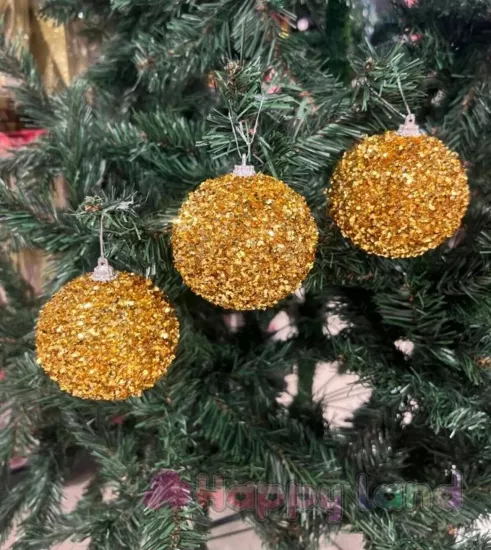 Happyland Yılbaşı Çam Ağacı Süsü Gold Pullu Parıltılı Büyük Boy YılBaşı Topu 3 Adet Yeni Yıl Süs
