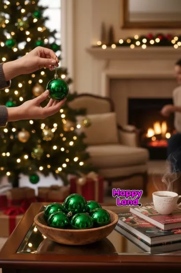 Happyland Yılbaşı Çam Ağacı Süsü 6 Adet 6 cm Yeşil Yılbaşı Topu Yılbaşı Süsü