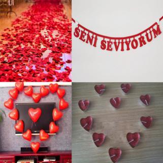 Evlilik Yıl Dönümü 500 Gül Yaprağı Kalp Balon+Mum +Yıldönümü Yazı