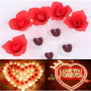 20 Kırmızı Tealight Kalp Mum+20 Mum Kabı+250 Adet Yapay Gül Yapra