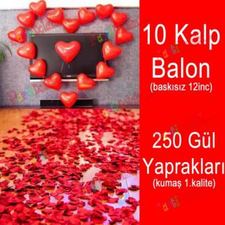 10 Kalp Balon + 250 Yapay Gül, Kalpli Balon ve Gül Yaprakları