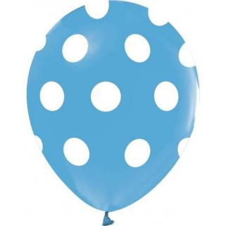 100 Adet Beyaz Puantiyeli Mavi Balon, Benekli 12inc Helyumla Uçan