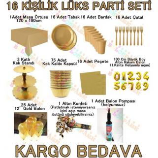 16 Kişilik Altın Sarısı Gold Lüks Parti Seti Konsept Malzemeleri