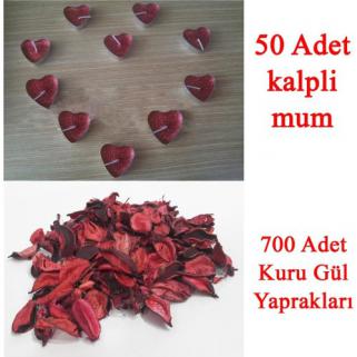 50 Mum + 700 Kuru Gül Yaprağı, Kalpli Mum ve Kuru Gül Yaprakları