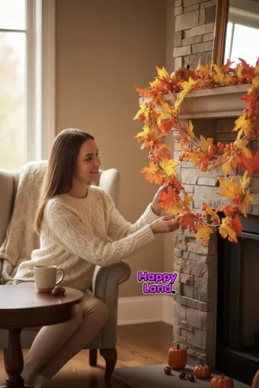 Happyland Turuncu Renk Kokina Balkabağı Garland Şömine Kapı Duvar Dekor 160 CM Kokina Garland