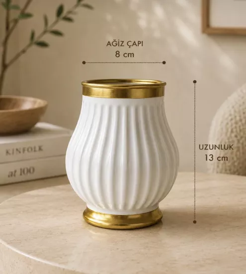 Happyland Vazo Kırılmaz Gold Detaylı Fitilli Dekoratif Vazo 13 cm – Modern Yapay Çiçek ve Aranjman Vazosu SK69
