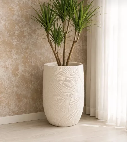 Saksı Yaprak Desenli Kırılmaz Orta Boy Dekoratif Saksı 40 cm İç Dış Mekan Canlı Bitki Yapay Çiçek ve Ağaç Saksısı SK05