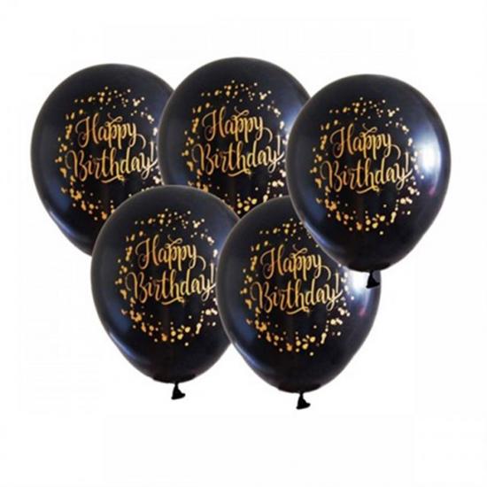 Happy Birthday Baskılı Lateks Balon 10 Adet Gold Siyah