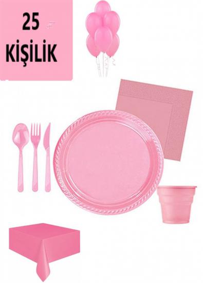 Pembe 25 Kişilik Plastik Bardak Çatal Tabak Peçete Masa Örtüsü