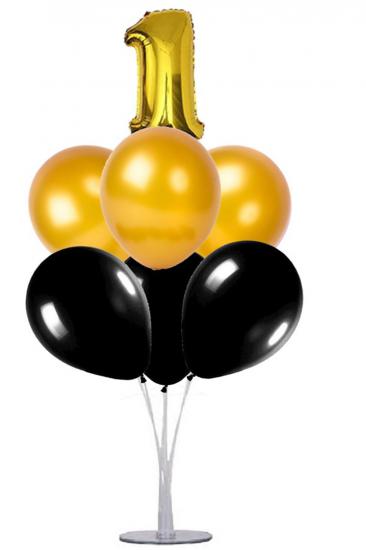 1 Yaş Rakam Balonlu Balon Standı + 7 adet Gold siyah Balon