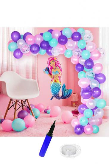 Deniz Kızı Temalı Balonlar Doğum Günü Balon Zinciri 74 Parça