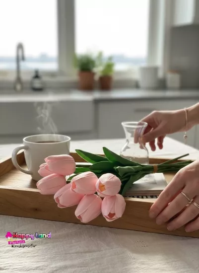  Happyland Yapay Çiçek Pudra Pembesi Islak Lale 8’Lİ 1 Demet Gerçekçi Doku Lale Demeti