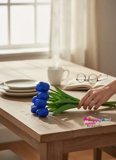Happyland Yapay Çiçek Koyu Mavi Islak Lale 8’Lİ 1 Demet Gerçekçi Doku Lale Demeti