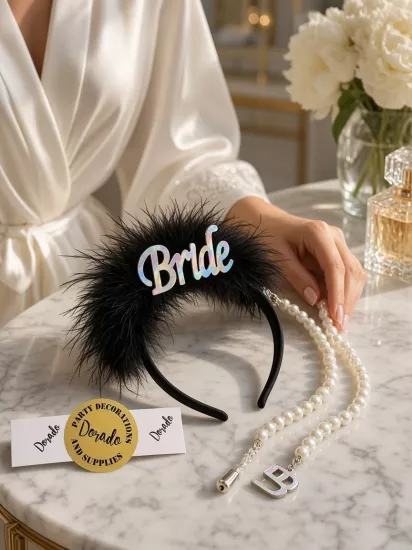 Happyland Bride Siyah Tüylü İncili Gümüş Detaylı Parti Tacı ve Bileklik Seti Bekarlığa Veda Aksesuarı