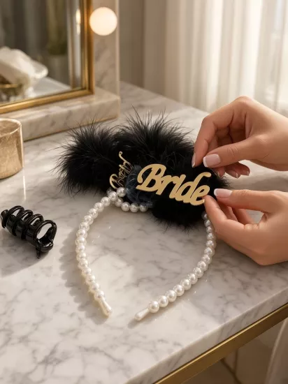 Happyland Bride Siyah Tüylü Gold Detaylı İncili Taç ve Bileklik Seti Bekarlığa Veda Parti Aksesuarı