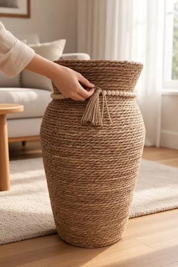  Hasır Örgü Dekoratif Saksı 1 Adet Büyük Boy Vazo Saksı 60 cm BM37 Bohem Boncuk ve Püskül Detaylı Doğal Görünümlü Saksılık
