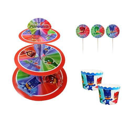 Happyland Pj Maskeliler Karakterli Kek Standı + Kek Kapsülü + Kürdan 3’lü Set Erkek Doğum Günü Partisi Seti Pj Maskeliler Temalı Parti Cake Set Cup Cake Standı Seti