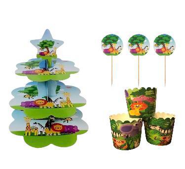 Happyland Safari Karakterli Kek Standı + Kek Kapsülü + Kürdan 3’lü Set Erkek Doğum Günü Partisi Seti Safari Temalı Parti Cake Set Cup Cake Standı Seti