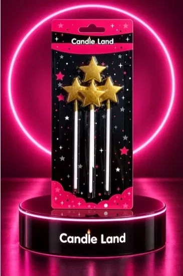 Candle Land 4’lü Metalik Yıldız Pasta Mumu