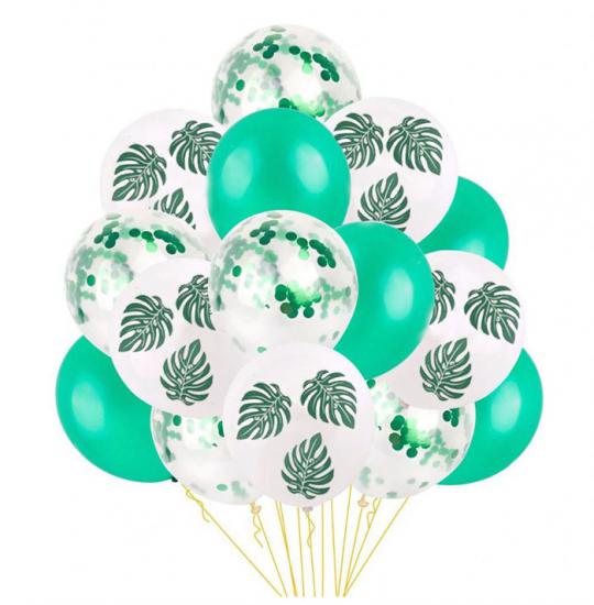 Yeşil Konfetili Yaprak Basklı Balon Seti 15 Adet